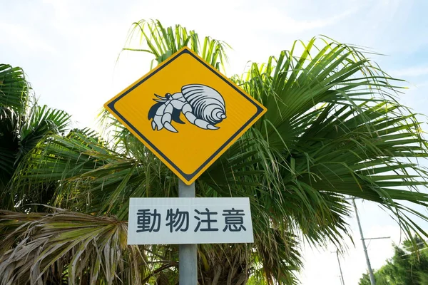 Okinawa Japan Juni 2020 Verkehrszeichen Zur Vorsicht Vor Der Erdeinsiedlerkrabbe — Stockfoto