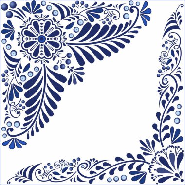 Rus antik desen ve süsler tarzı Gzhel, beyaz bir arka plan üzerinde vektör çizim.