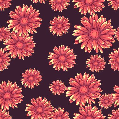 Pembe ve turuncu papatya çiçekler koyu mor zemin üzerine ile Seamless modeli