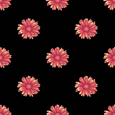 Siyah arka plan üzerine pembe ve turuncu papatya çiçekler ile Seamless modeli