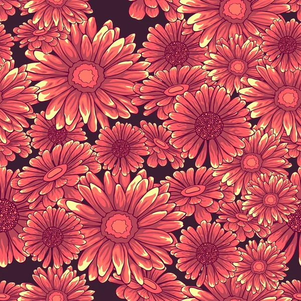 Безшовний візерунок з рожевими та оранжевими ромашковими квітами на темно-фіолетовому фоні — стоковий вектор