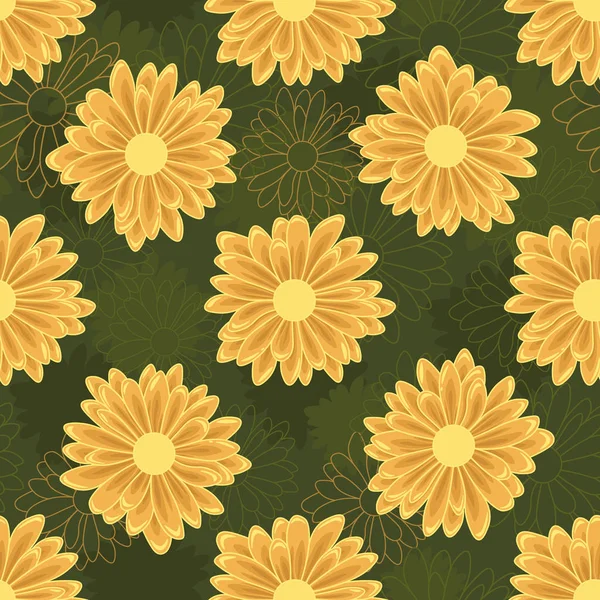 緑の背景にオレンジ色のデイジーの花のシームレス パターン — ストックベクタ
