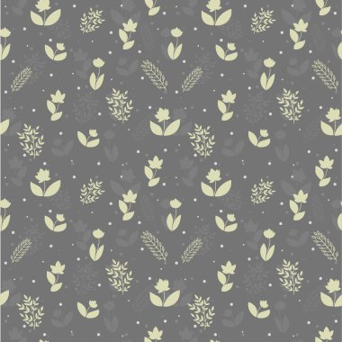 Bitki siluetleri ve gri arka plan üzerinde beyaz kar taneleri ile sorunsuz çiçek desenli