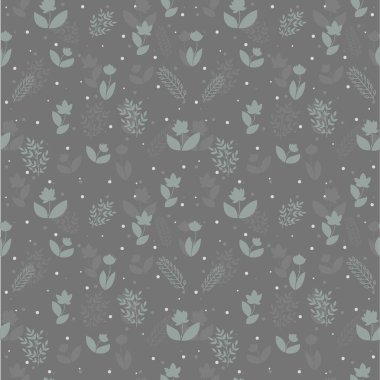 Bitki siluetleri ve gri arka plan üzerinde kar taneleri ile sorunsuz çiçek desenli