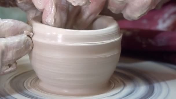 Homemade Pottery Clay Female Potter Craftsman Helps Learner Work Pottery — Stock Video