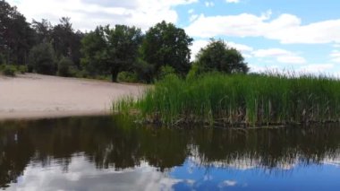 4k kamera sessiz bir göl sahil şeridi üzerinde uçuş. Gölet üzerinde helikopter pürüzsüz bir Asansör.
