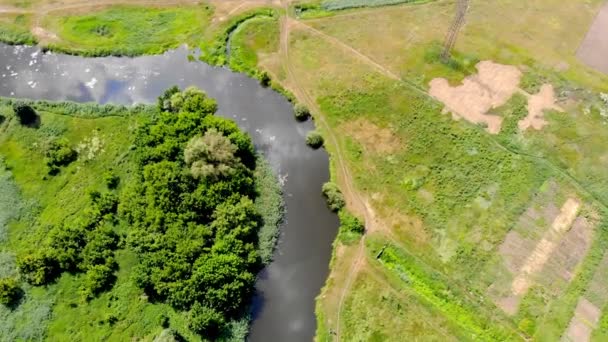 Vue Aérienne Rivière Mouvement Long Des Virages Surface Eau Réflexion — Video