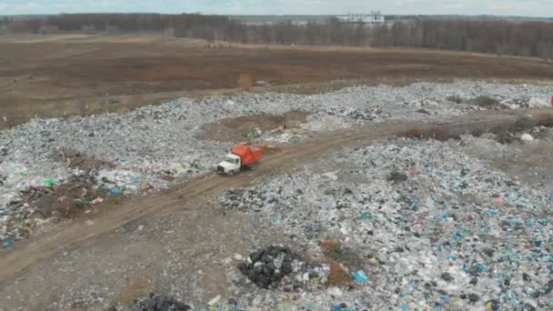 Aerial Directly Landfill Garbage Dump Tractor Working — Stock Video