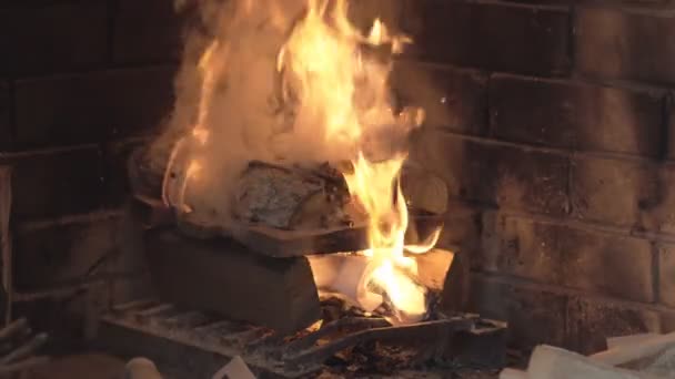 火がついた暖炉から火が出て 燃えている森 ばねの手は燃える炎の上を動かす木片を動かす — ストック動画