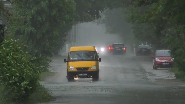 Ciężki Wiosenny Deszcz Powodzi Ulice Samochodami Drogach Ludzi Przechodzących Przez — Wideo stockowe