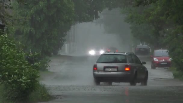 Ciężki Wiosenny Deszcz Powodzi Ulice Samochodami Drogach Ludzi Przechodzących Przez — Wideo stockowe