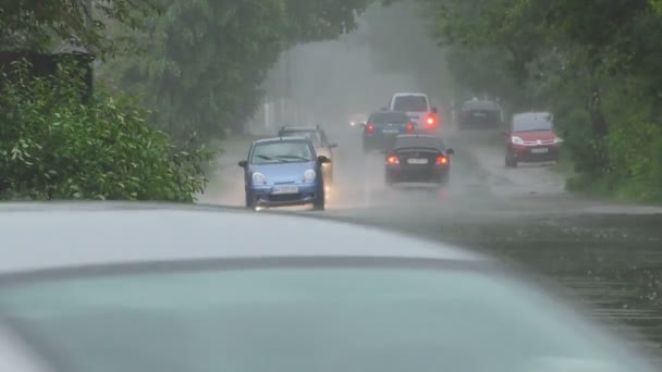 Heavy Spring Rain Floods Streets Cars Road People Passing — Stock Video