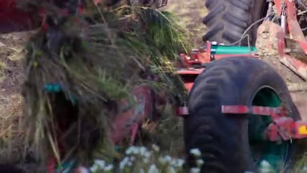 Traktor Ekék Föld Körül Fehér Gólya Keres Ételt Szántott Földet — Stock videók