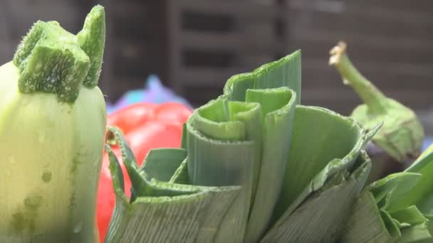 サラダの健康的でおいしい食事の準備のために準備台所のテーブルの上の野菜や調味料 — ストック動画