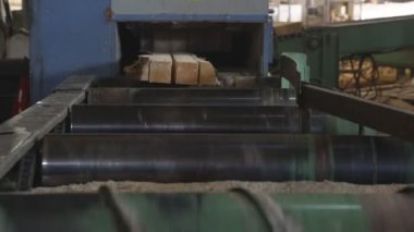 Tahta üretim fabrikasında testere makinesi. Kereste fabrikasında kereste işleme ve kesme. Kereste fabrikasında üretim süreci. Otomatik Dairesel Testere Makinesi