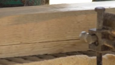 Tahta üretim fabrikasında testere makinesi. Kereste fabrikasında kereste işleme ve kesme. Kereste fabrikasında üretim süreci. Otomatik Dairesel Testere Makinesi