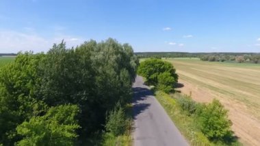 Yeşil orman şeridinden geçen hareket halindeki bir arabayla yol üzerinde uçan hava manzarası. Yukarıdan drone atışı