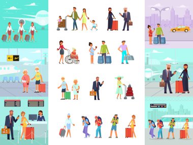 Havaalanı Bagaj karakterlerle farklı seyahat etmek. Adam ayarla, kadın, arkadaşlar, Aile Çocuk Yolcu ve hostes düz çizgi film tarzı ile izole beyaz. Vektör çizim eps 10