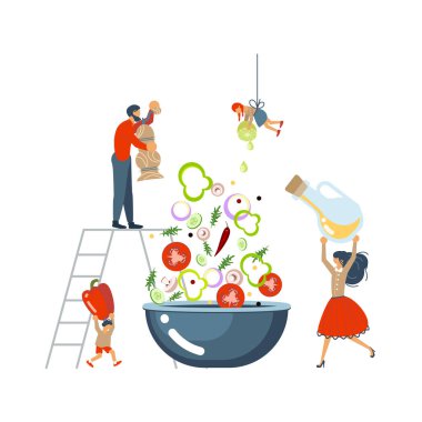 Mutlu bir aile birlikte bir salata kavram yemek. Poster, afiş şablon ana sınıf düz içinde yemek pişirmek için. Baba, Anne, kızı, oğlu aşçılık sahiptir. Vektör çizim eps 10
