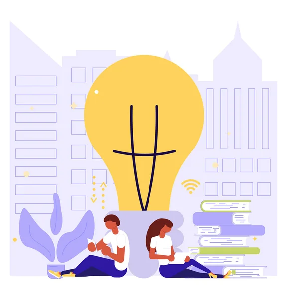 To join in a merger make a deal or collaborate concept. Business people, man and woman building a new idea, in flat modern style. Vector illustration eps 10
