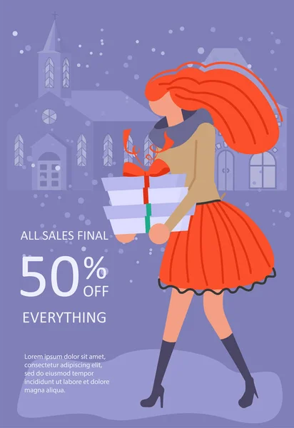 Vertical Banner for Christmas sale. People running after shopping, tearing off discount coupons from a Xmas tree. Vector illustration eps 10