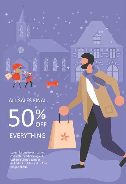 Vertical Banner for Winter sale. People running after shopping isolated on winter town background . Vector illustration eps 10