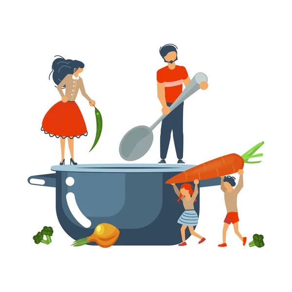 Feliz Familia Cocinando Juntos Concepto Sopa Verduras Póster Plantilla Pancarta — Foto de Stock