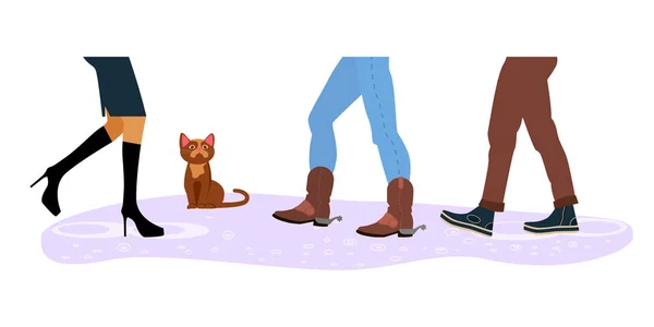 Безпритульна кішка між чоловіками і жінками ніг — стоковий вектор