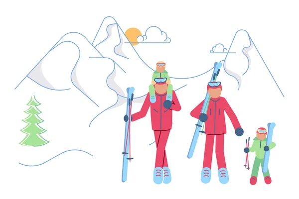 Skifahrer-Familie in winterlicher Berglandschaft — Stockvektor