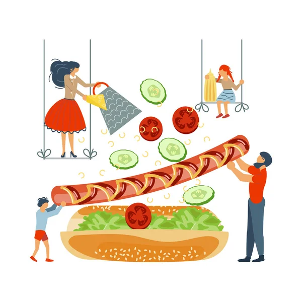 Familia feliz cocinando juntos un Hot Dog — Archivo Imágenes Vectoriales