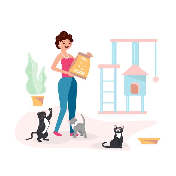 Νεαρή γυναίκα τροφοδοτεί τις γάτες — Διανυσματικό Αρχείο
