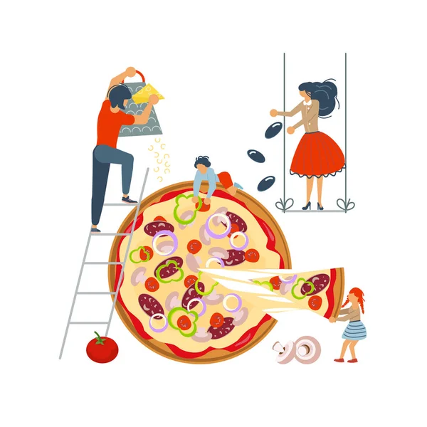 Familia feliz cocinando juntos una pizza — Vector de stock