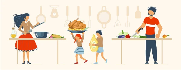 Familia feliz cocinando juntos — Vector de stock