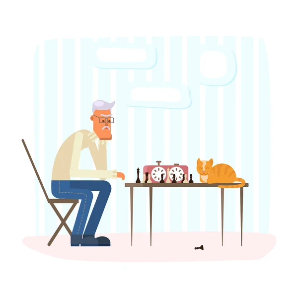 Homem velho solitário jogando xadrez com um gato gengibre . — Vetor de Stock