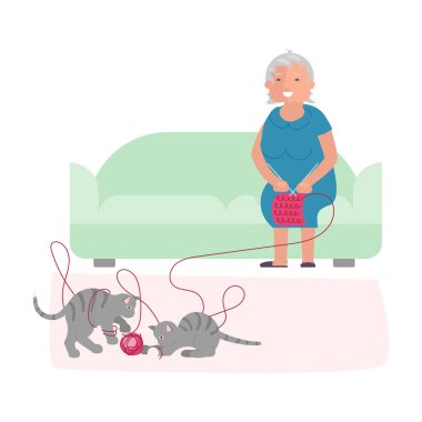 Yaşlı kadın ve sevimli gri kedi