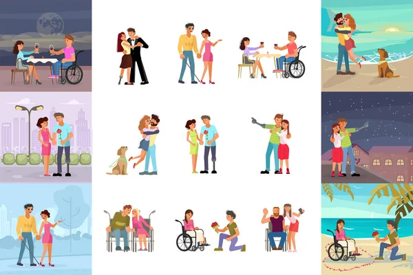Big set of different types of romantic relationships of disabled people — Stock Vector
