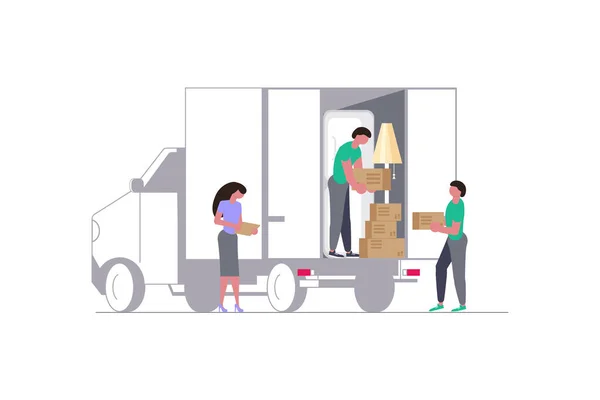 Hareketli kamyonla movers ve karton kutular. — Stok Vektör