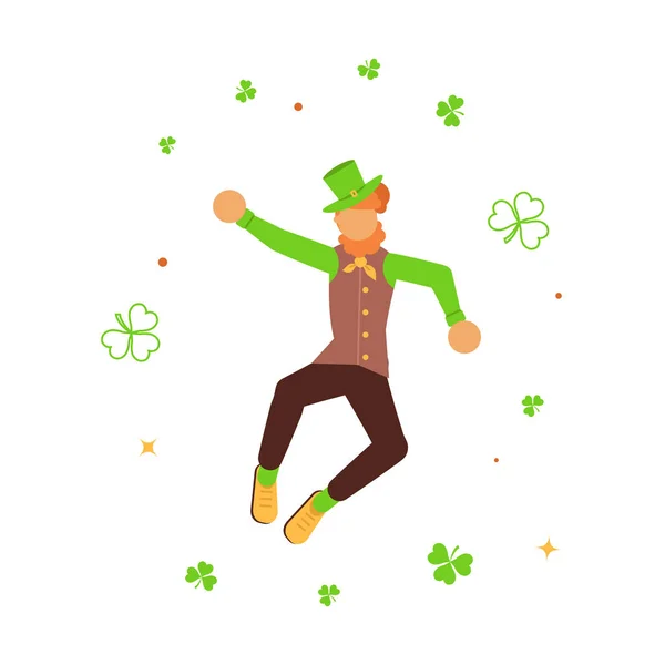 Cute cartoon leprechaun dancing amongst shamrock — Stock Vector