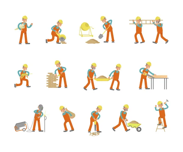 Byggande arbetare karaktär i olika poser. — Stock vektor