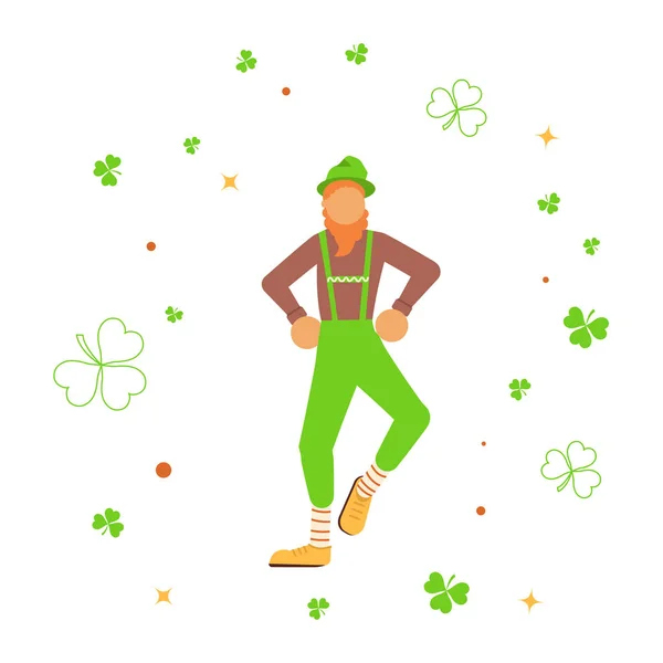 Cute cartoon leprechaun dancing amongst shamrock. — Stock Vector