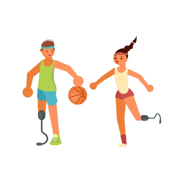 Disabled young sportsmans playing basketball — Stock Vector