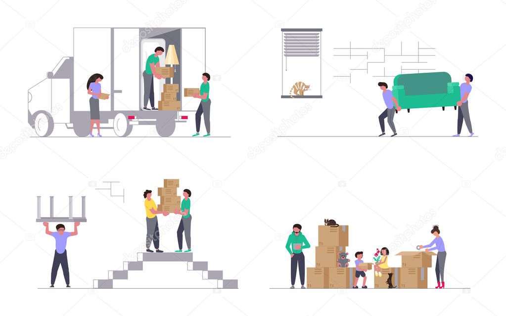 Moving truck with movers carring a sofa