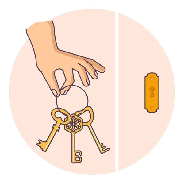 Mão segurando chave dourada no buraco da fechadura — Vetor de Stock