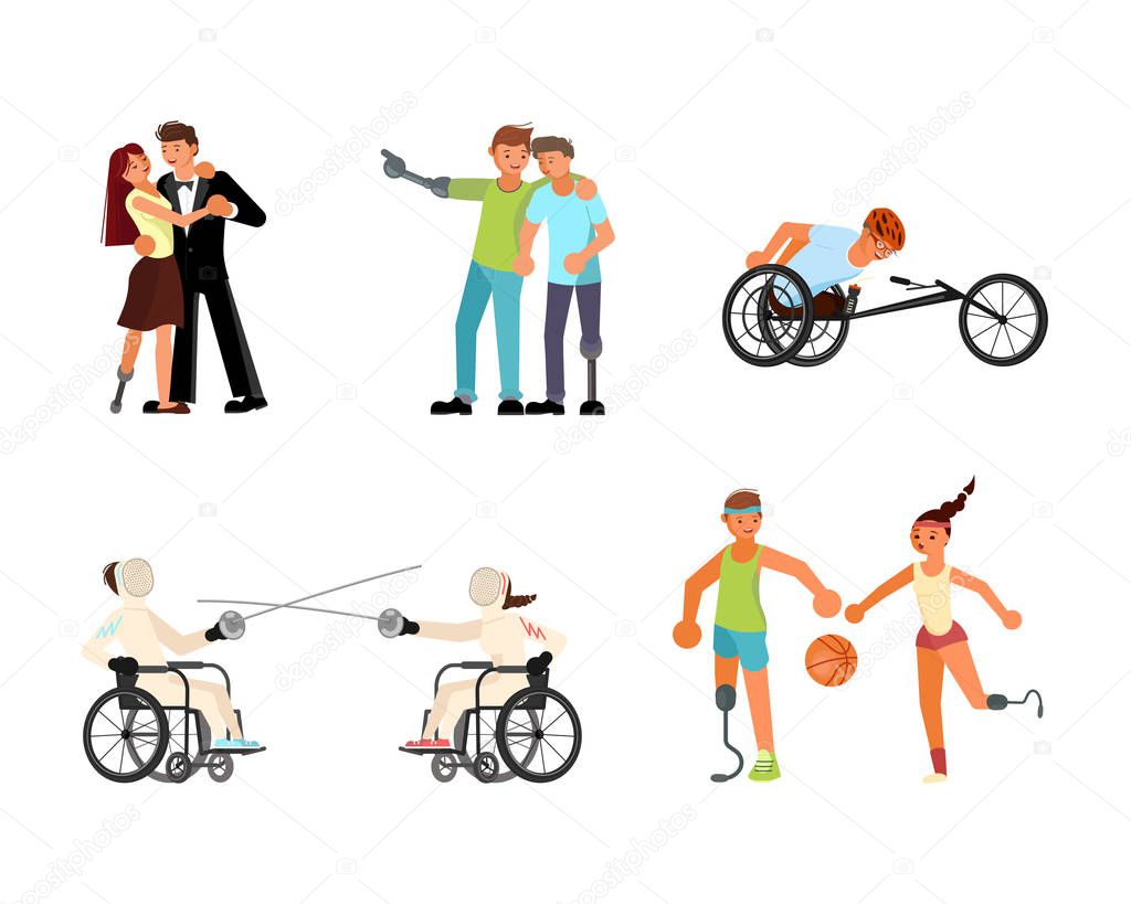 Set of Men and women sportsmens with incapability