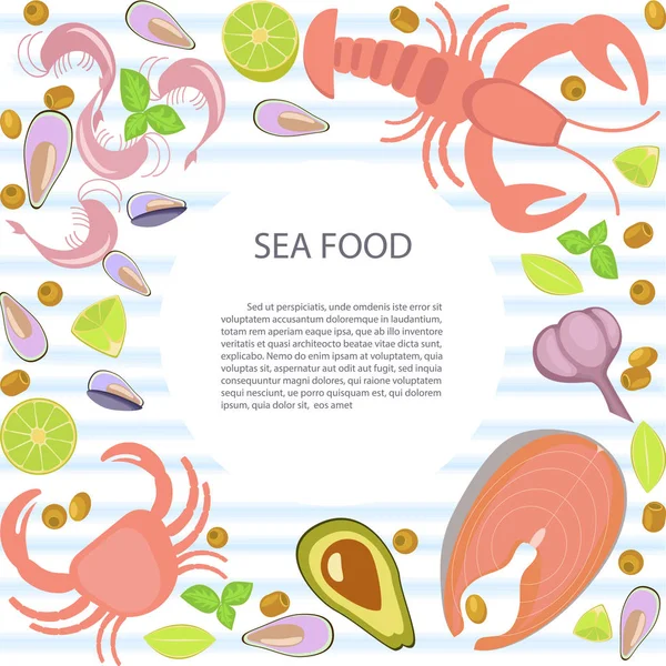 Rancangan Rata Seafood Segar Dengan Salin Ruang - Stok Vektor