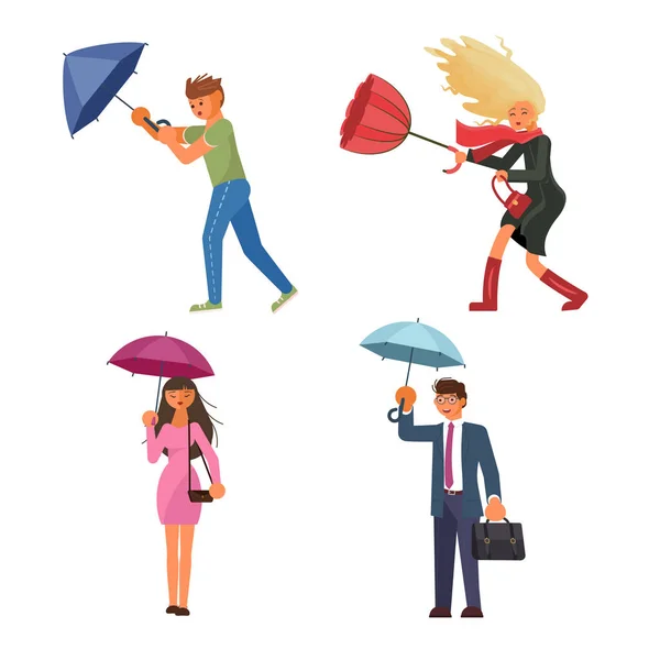 Orang-orang memegang payung di bawah hujan - Stok Vektor