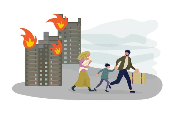 Refugees people run away from the bombing of the city — Stock Vector