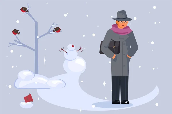 Ο άνθρωπος περπατώντας μέσα από το πάρκο χιονιού που καλύπτονται — Διανυσματικό Αρχείο
