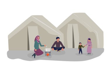 Bir mülteci kampında öğle yemeği yemek aile