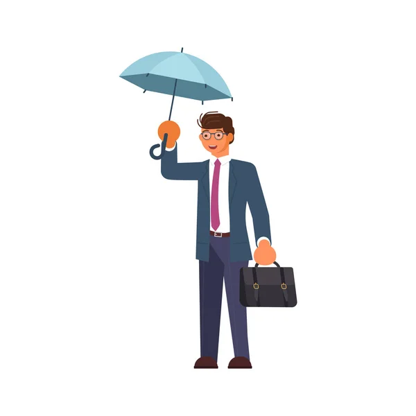 Hombre sosteniendo paraguas bajo la lluvia — Vector de stock